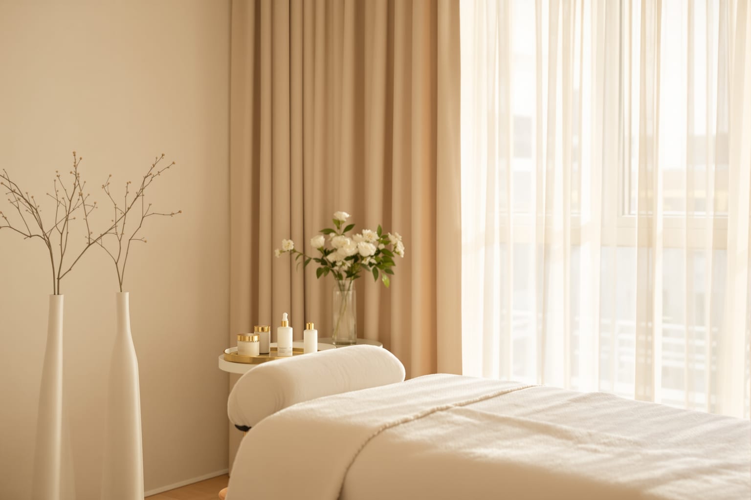 A calm med spa treatment room by a sunlit window