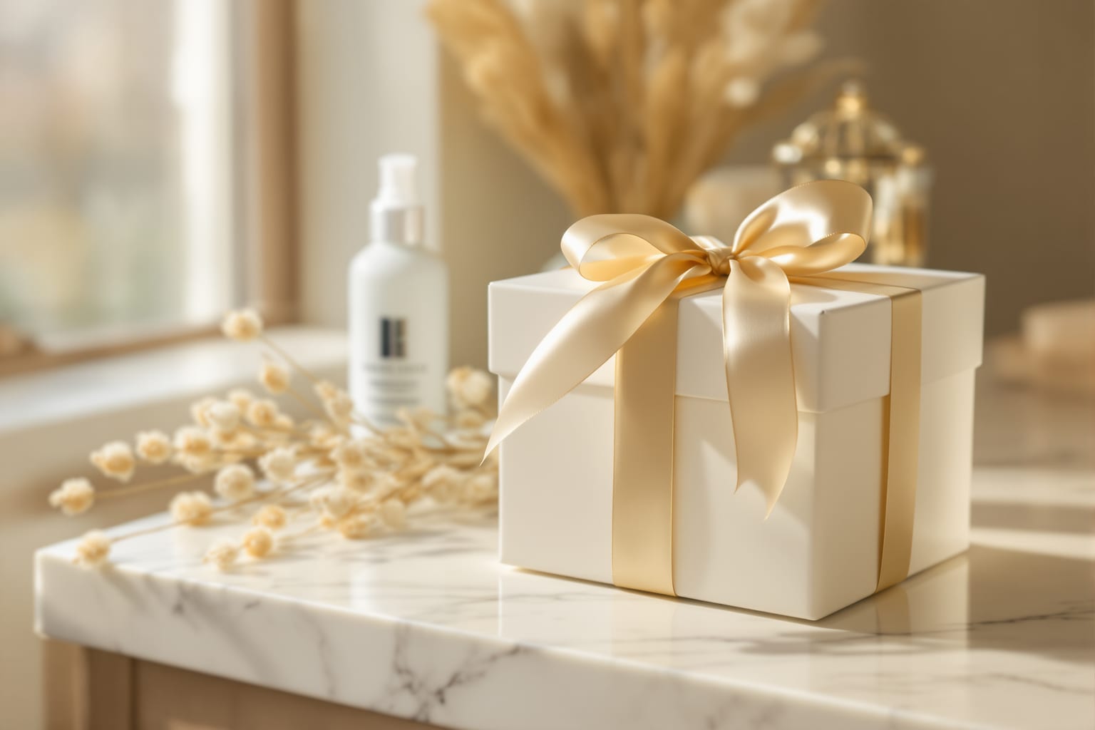 A cream gift box with a gold ribbon on marble beside a skincare bottle and dried flowers