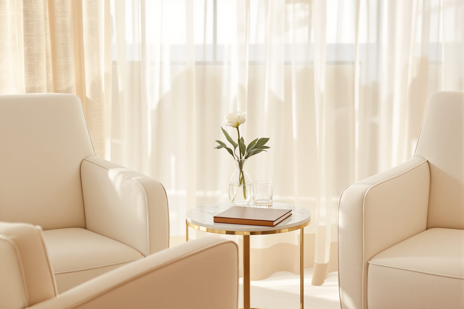 Cream armchairs around a small marble and gold side table with a white flower, in a sunlit med spa consultation room
