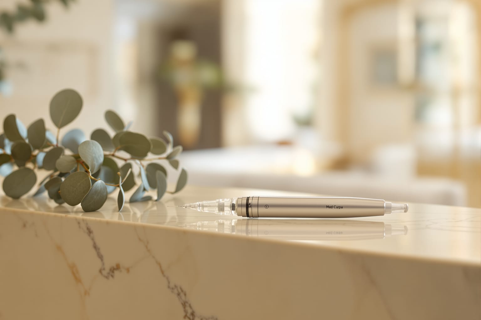 A medical weight-loss injection pen on cream marble in a calm modern med spa