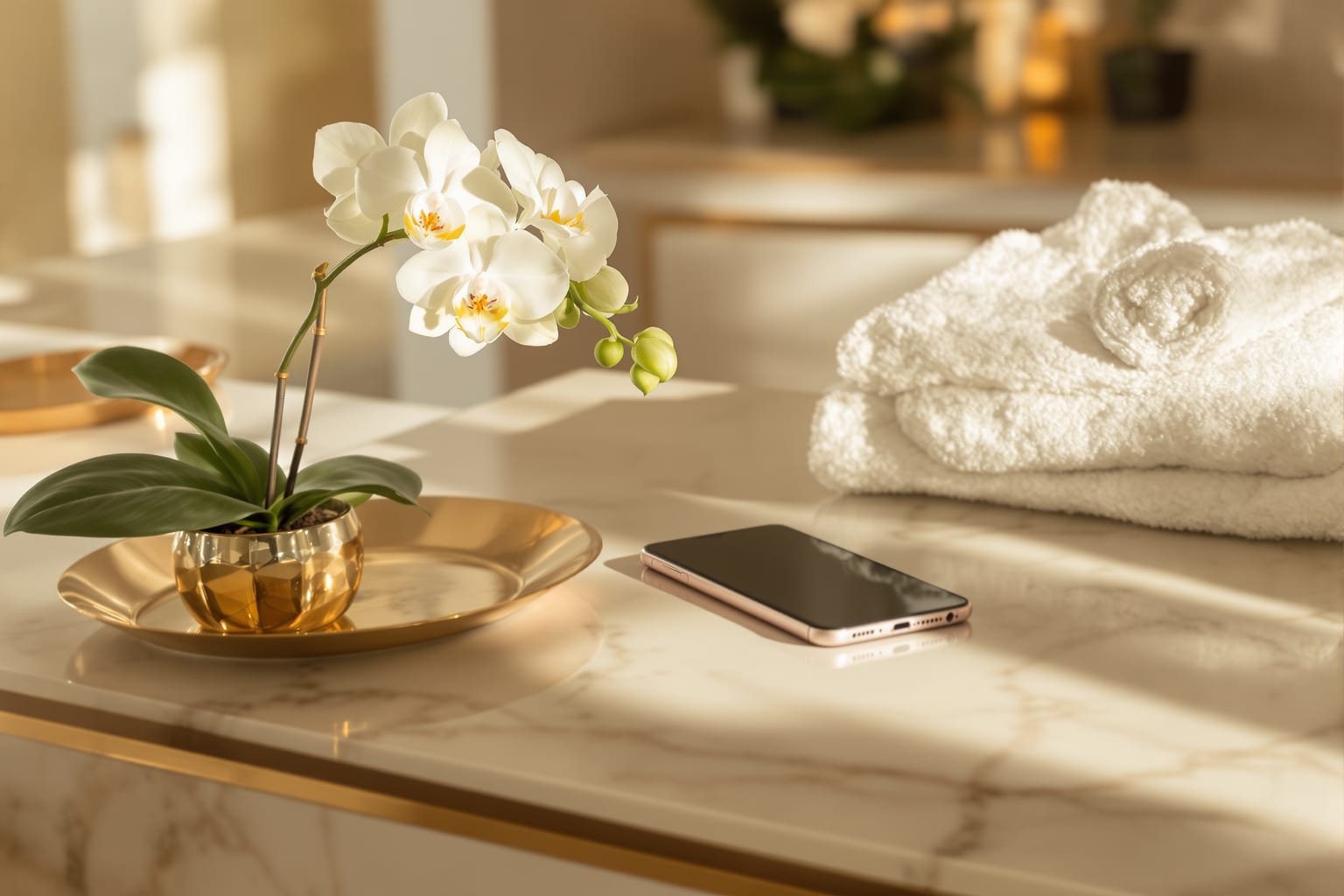 A calm med spa reception desk with a phone and a single white orchid in soft daylight