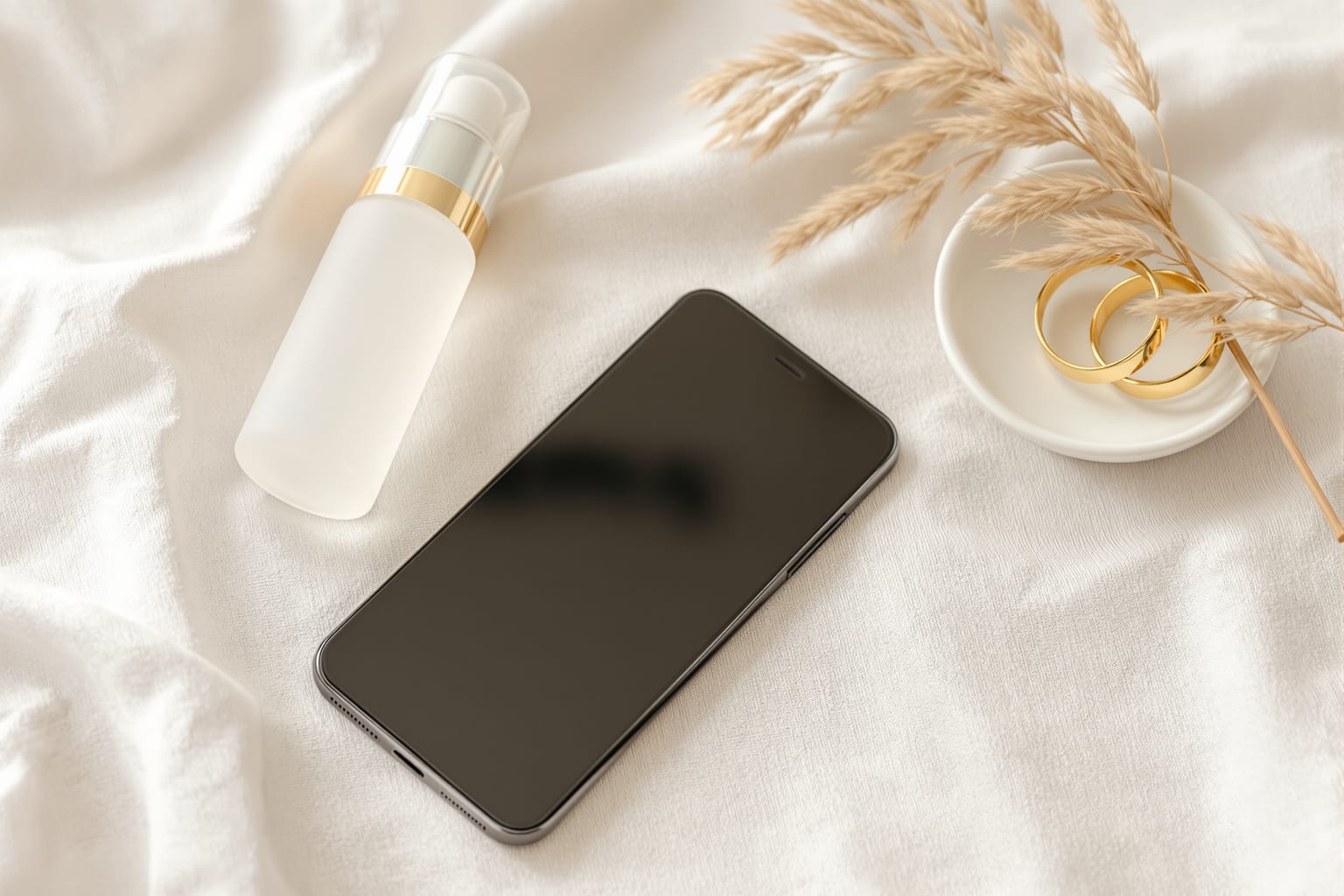 A phone on cream linen next to a skincare serum bottle and gold rings