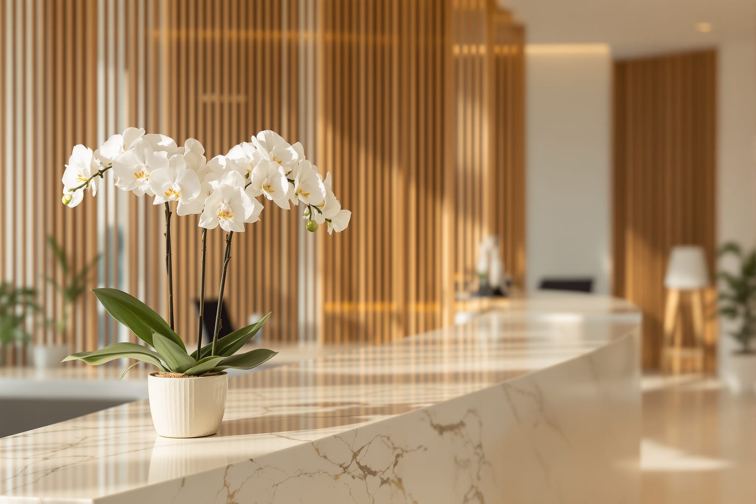Calm modern med spa reception with marble and a white orchid