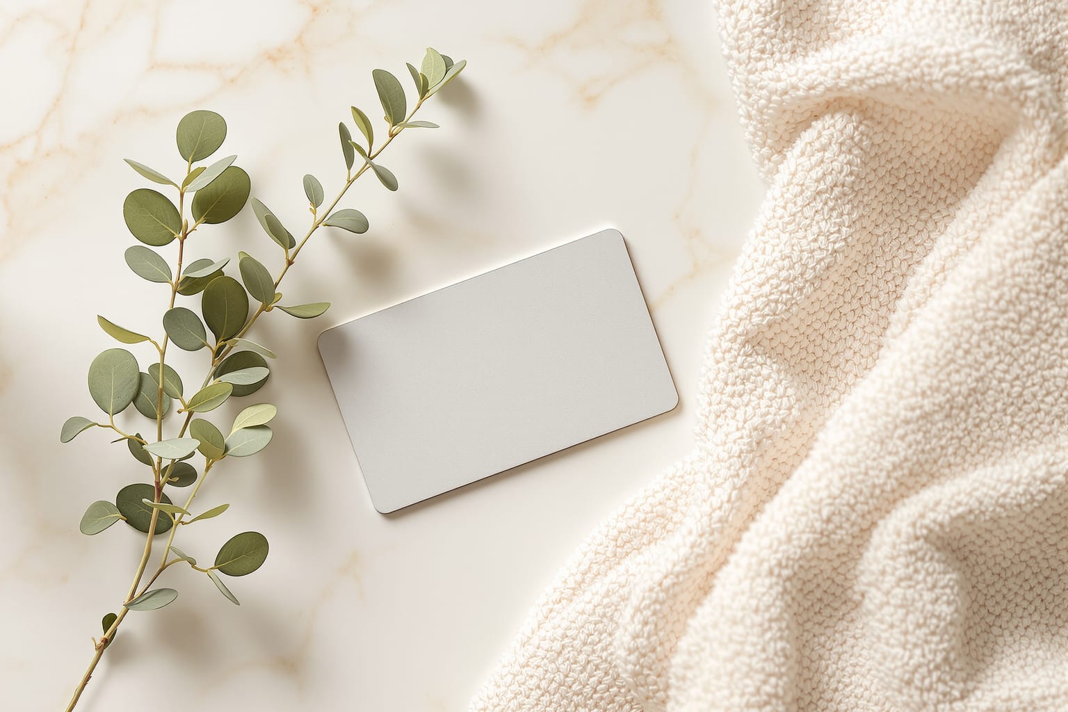 A minimalist membership card on cream marble with eucalyptus