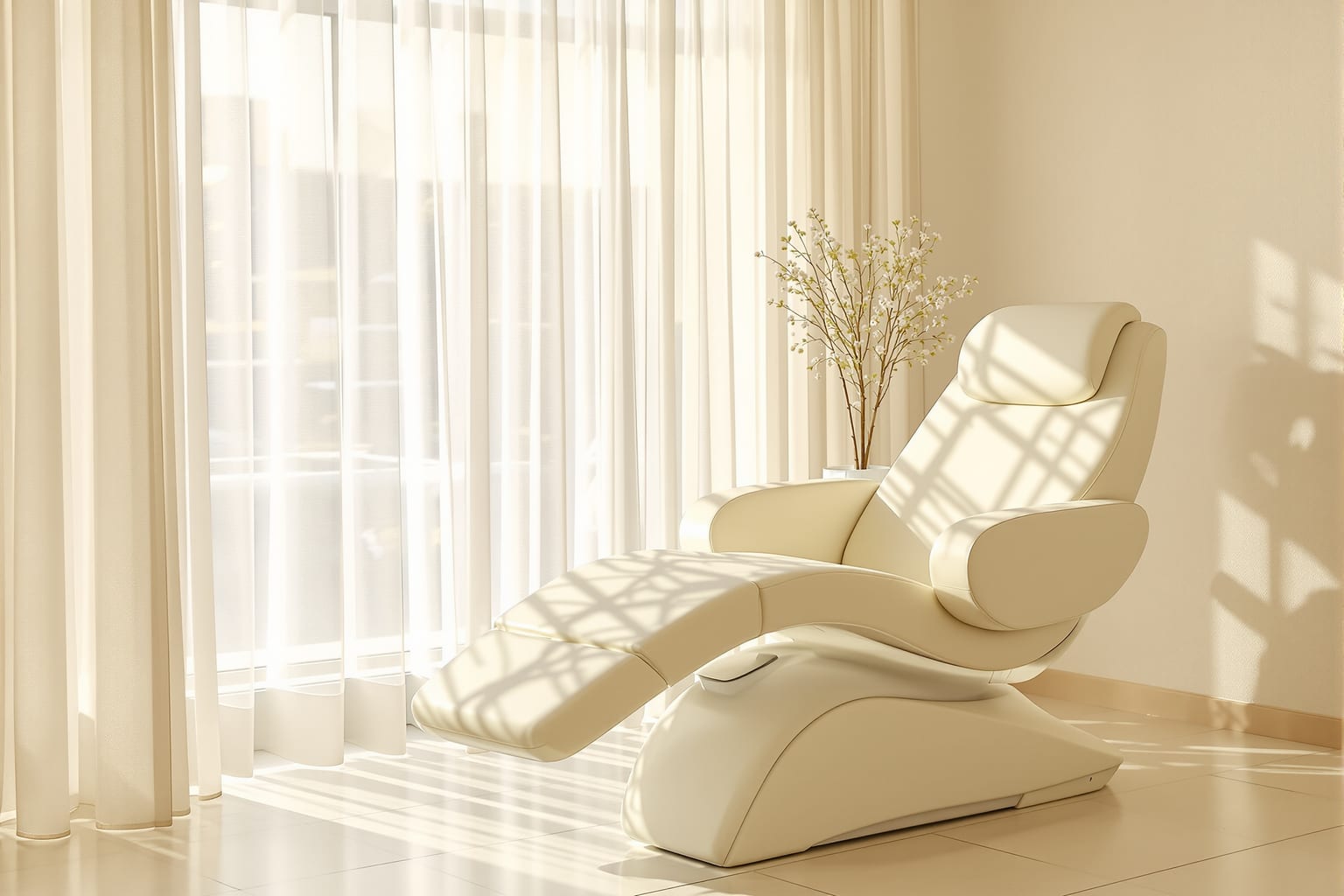 An empty med spa treatment chair by a sunlit window