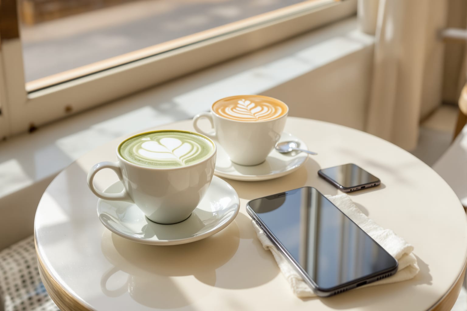 Two lattes and two phones on a sunlit cafe table