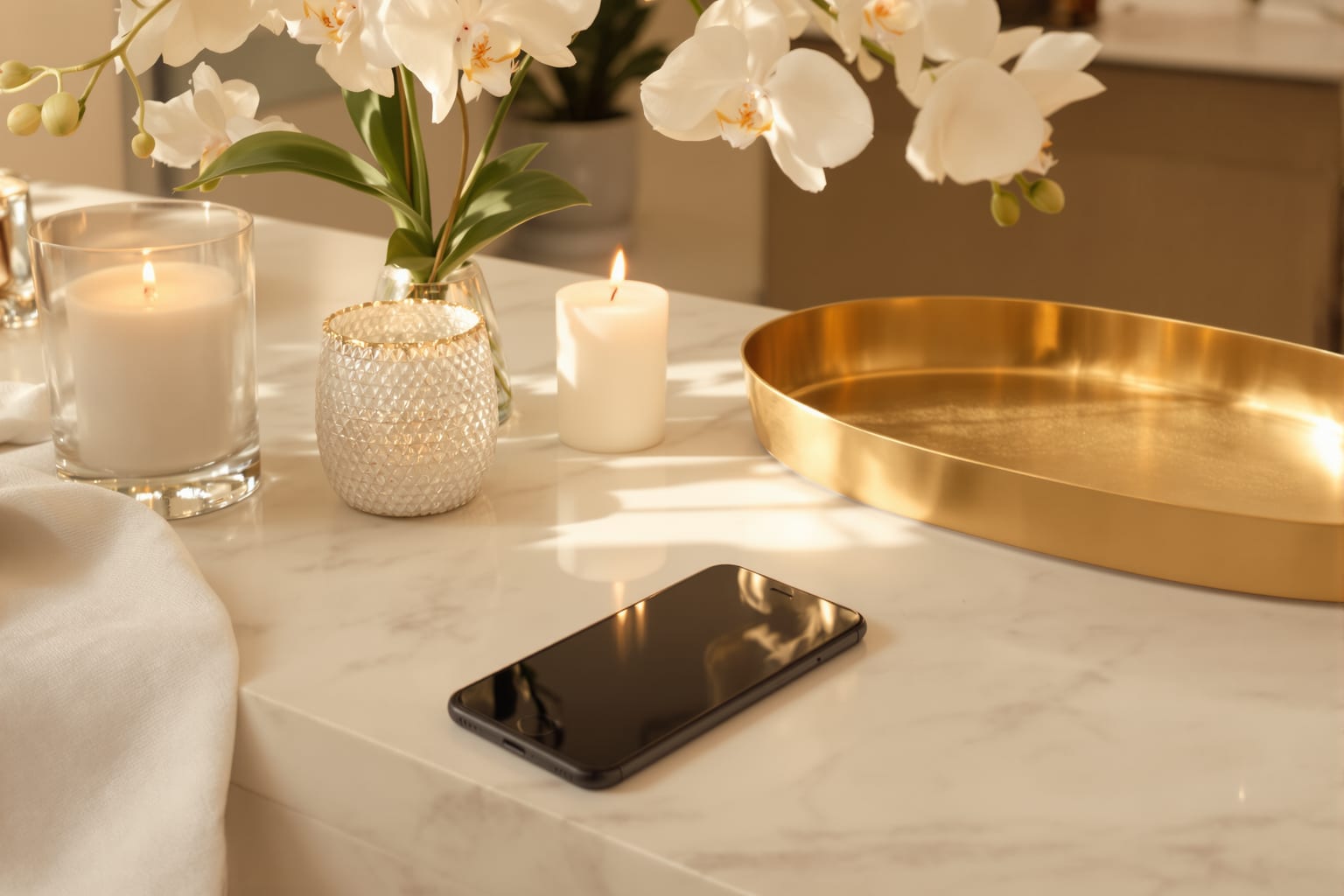 A quiet med spa front desk with a phone, a candle, and white orchids in soft morning light