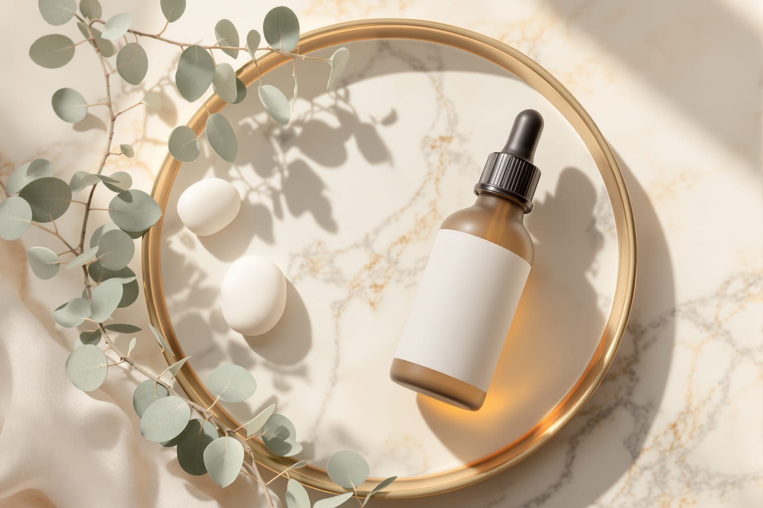 A cream marble med spa retail shelf with skincare bottles in soft daylight