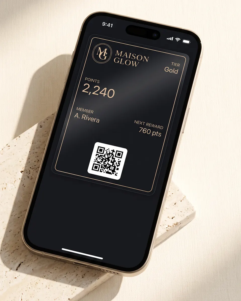 Un iPhone con una tarjeta de lealtad de muestra en Apple Wallet: una tarjeta negra y dorada de Maison Glow con 2,240 puntos, nivel Gold y un código QR.