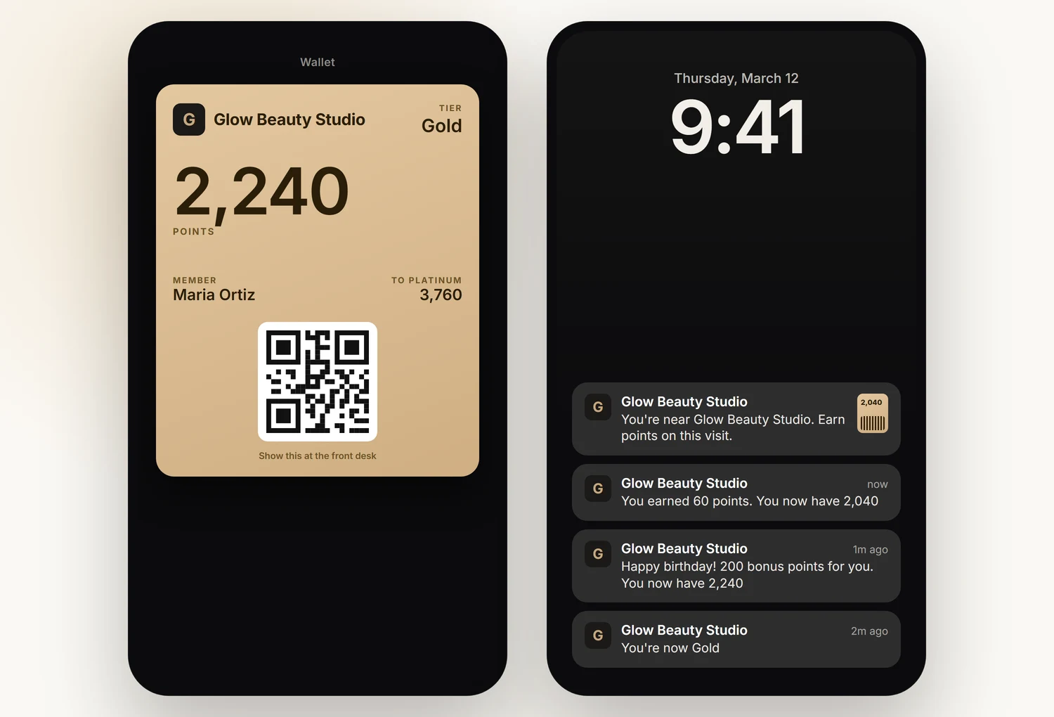 A client's rewards card in Apple Wallet next to a lock screen showing points earned, a birthday bonus, a new tier, and a reminder when they are near the business