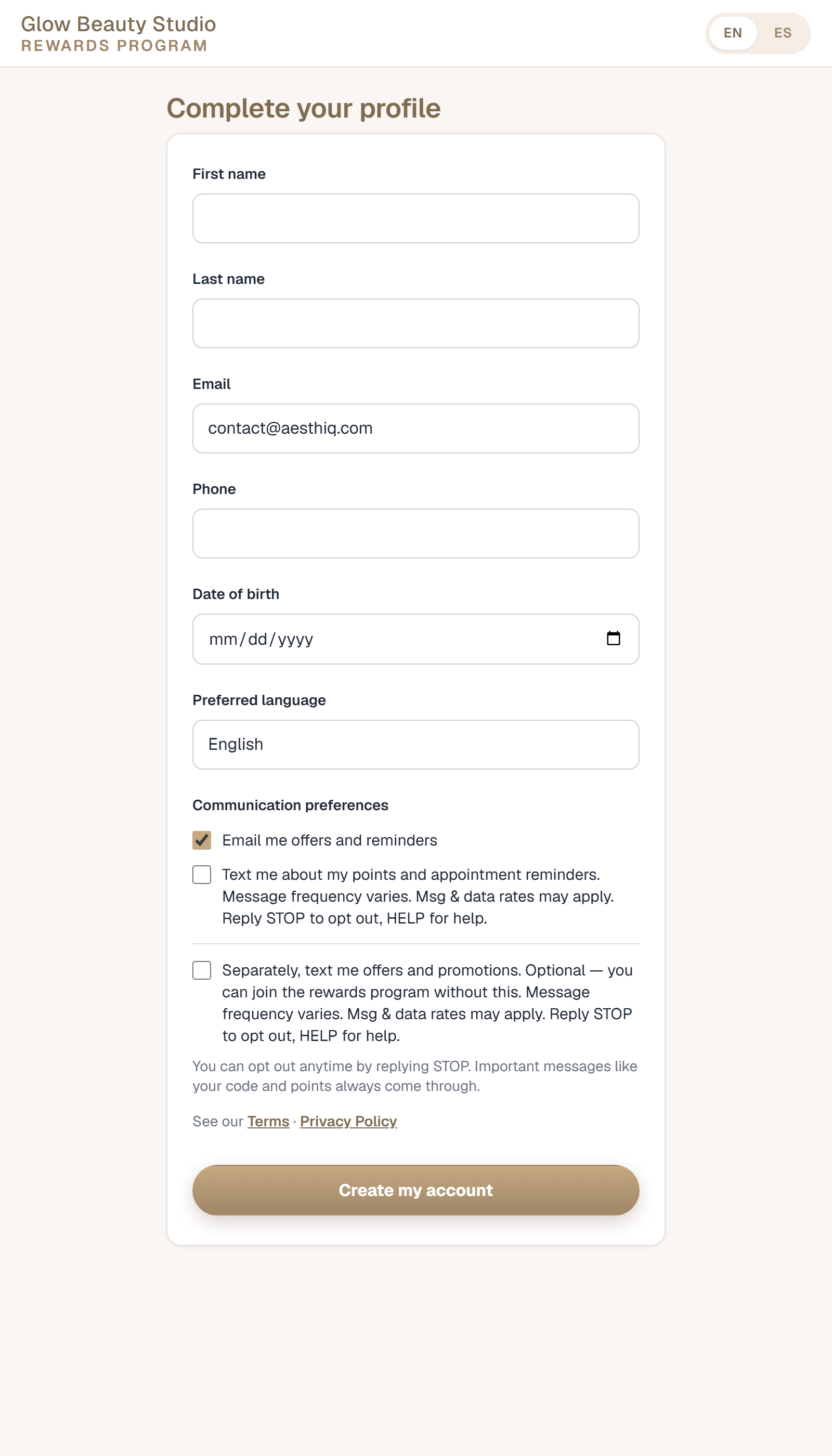 Close-up of the SMS consent checkbox, message frequency, rates and STOP/HELP language