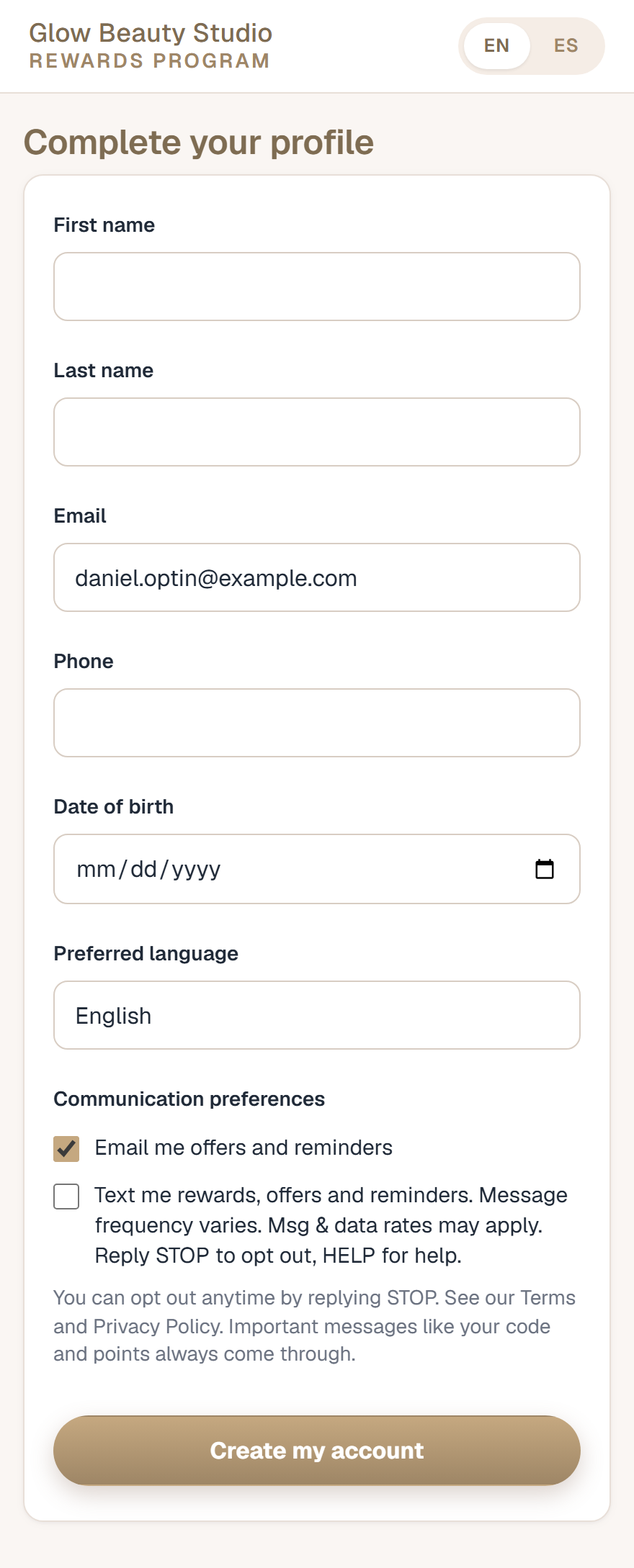 SMS opt-in signup form with the SMS consent checkbox unchecked by default and the required disclosure